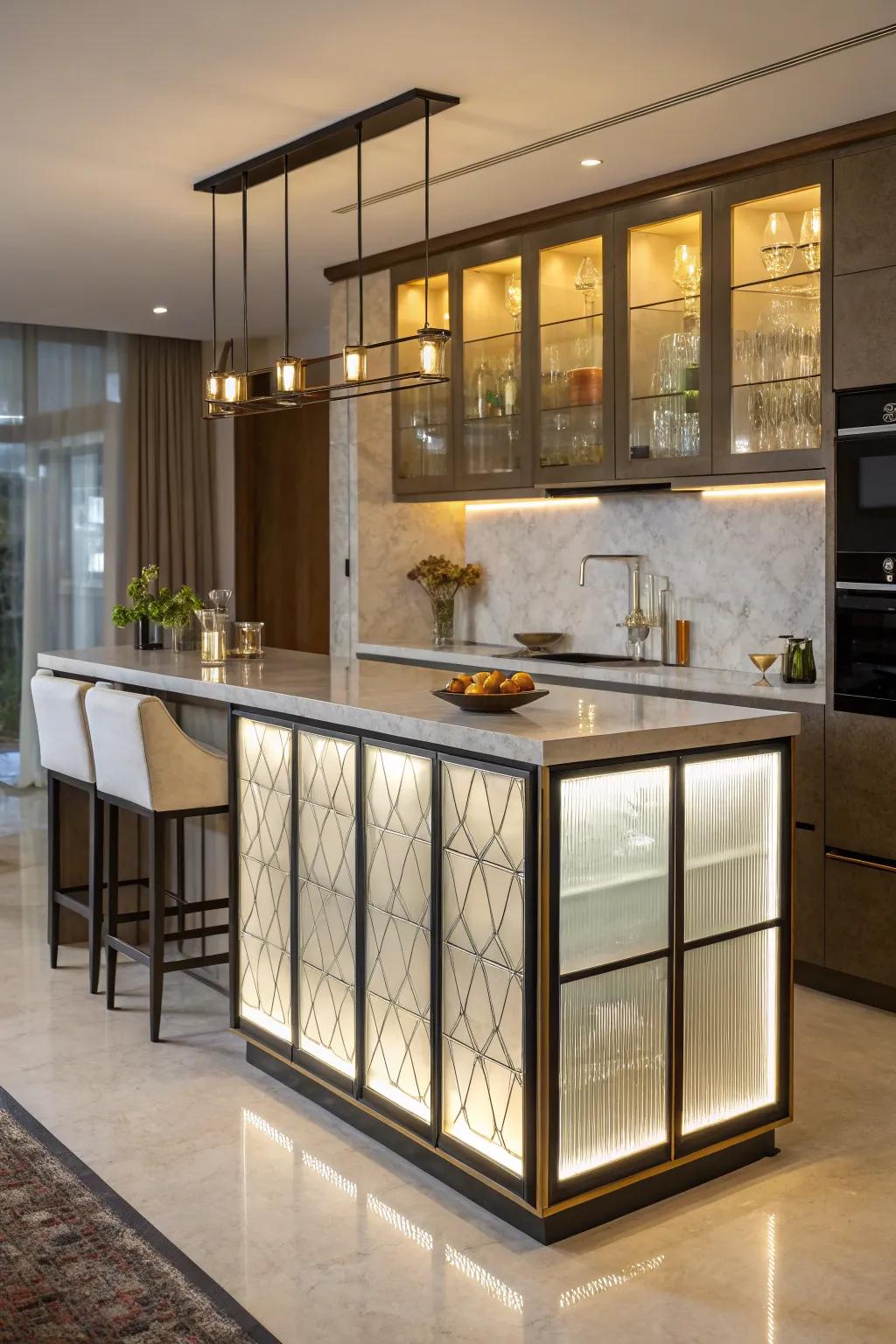 Glass panels craft a light-filled atmosphere, enhancing the natural brightness of this kitchen island.