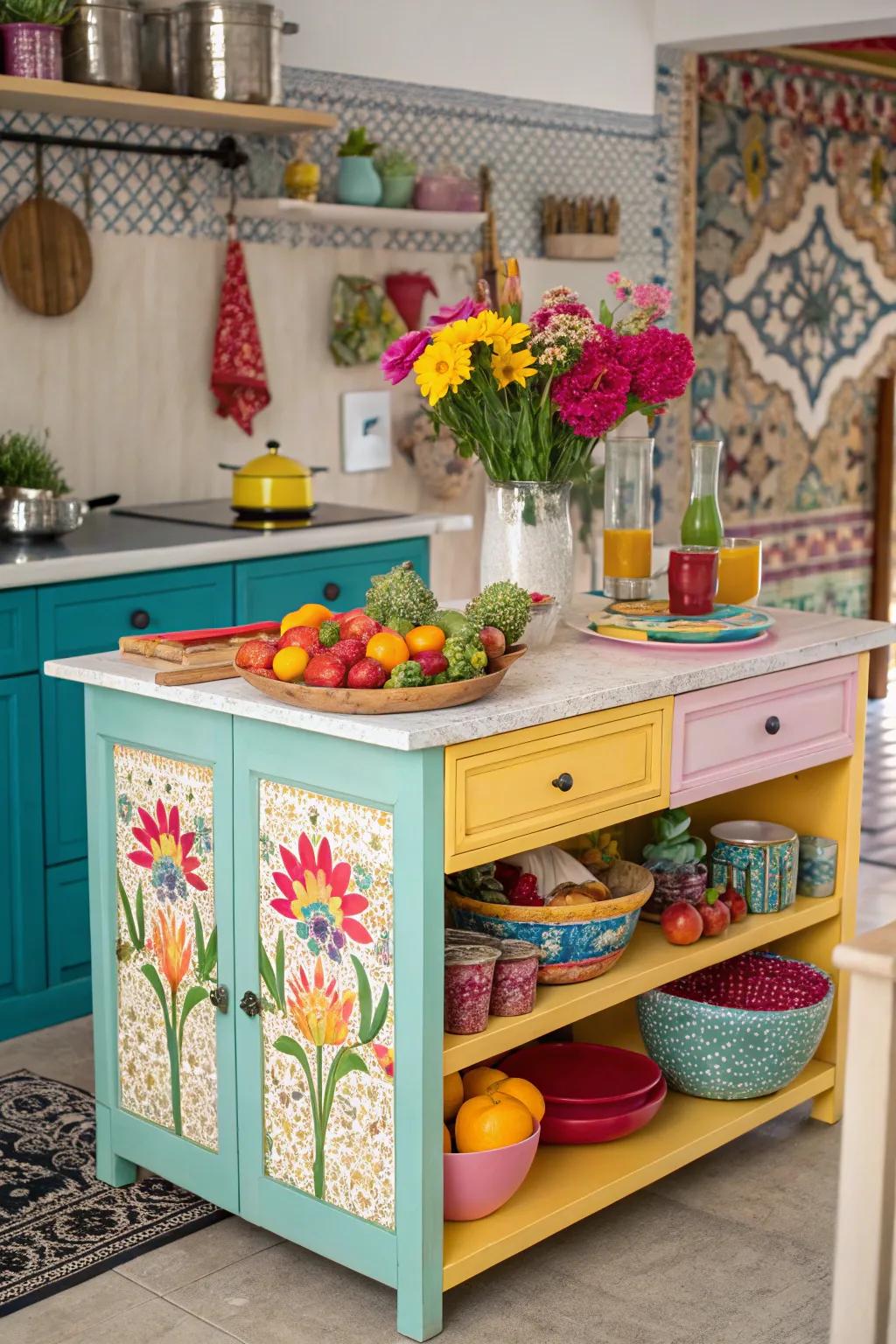 A vibrant painted rear panel incorporates a splash of color and personality into this kitchen island.