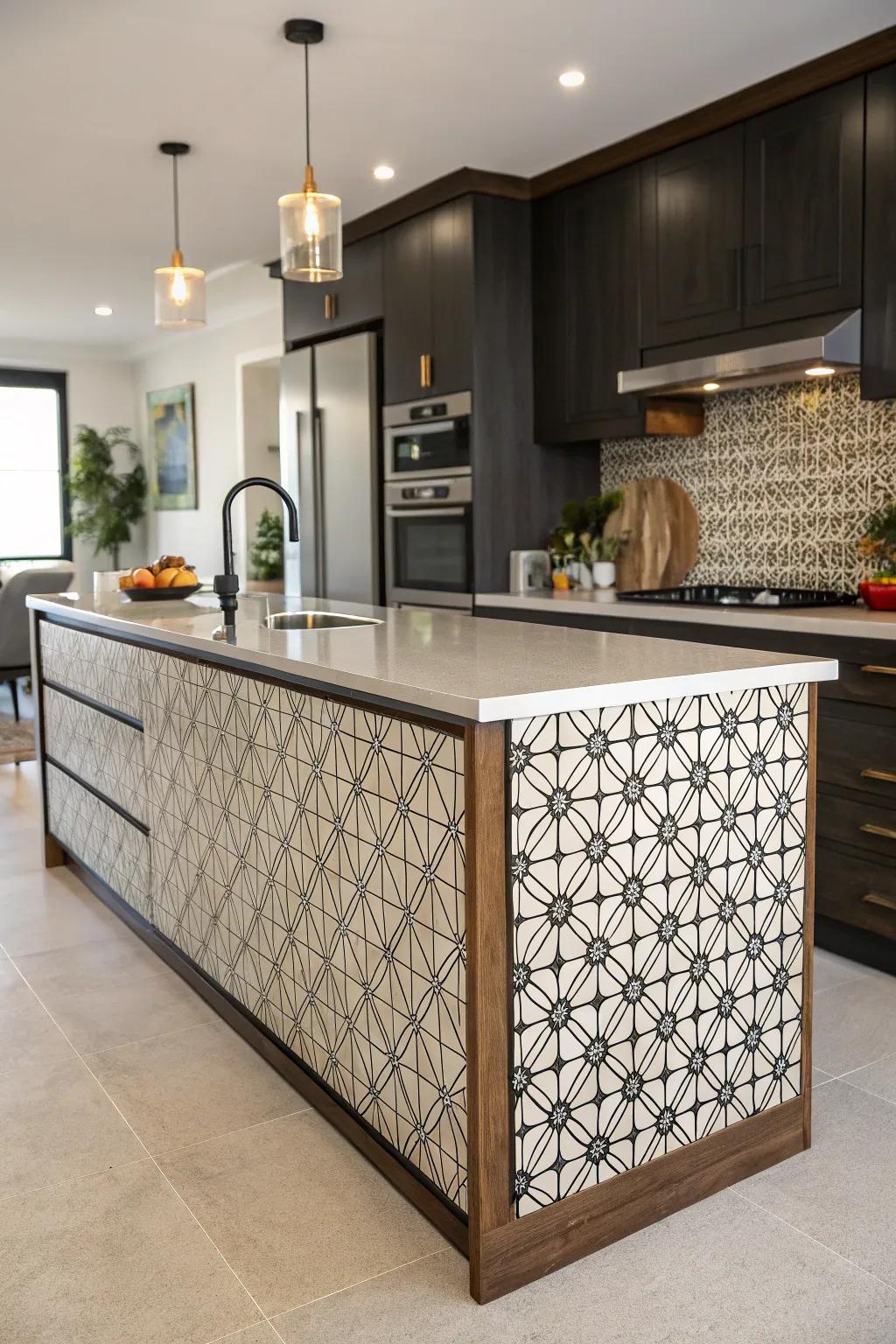 Geometric designs incorporate a modern twist, infusing this kitchen island with dynamic energy.