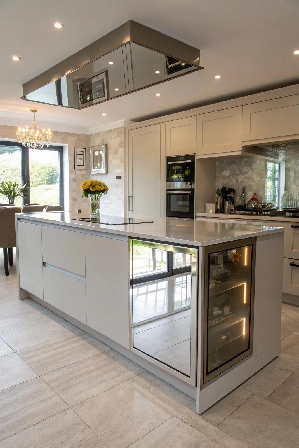 Mirrored rear panels reflect light beautifully, crafting a sense of spaciousness in this kitchen.