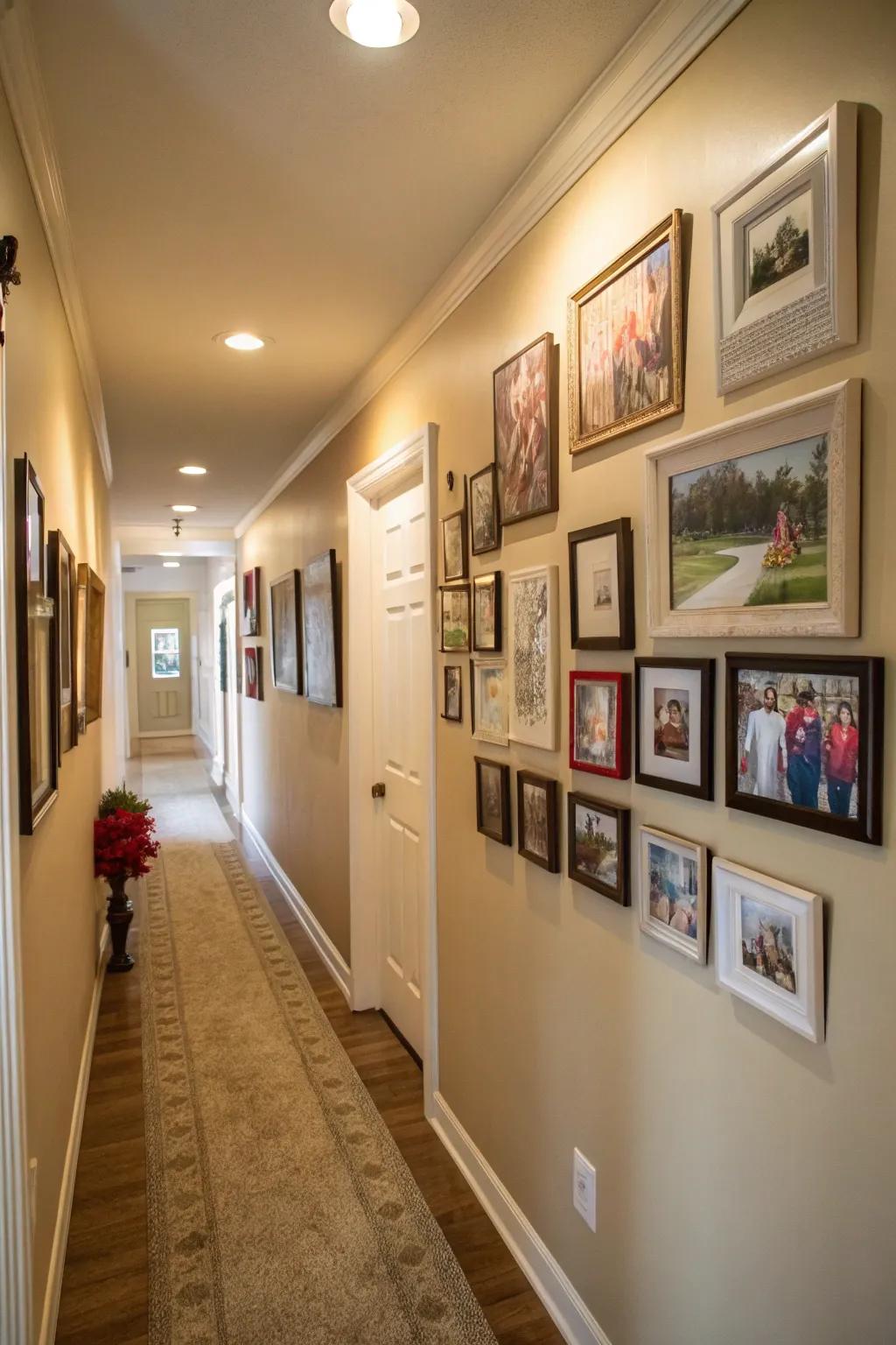 A display wall individualizes the corridor with cherished recollections.