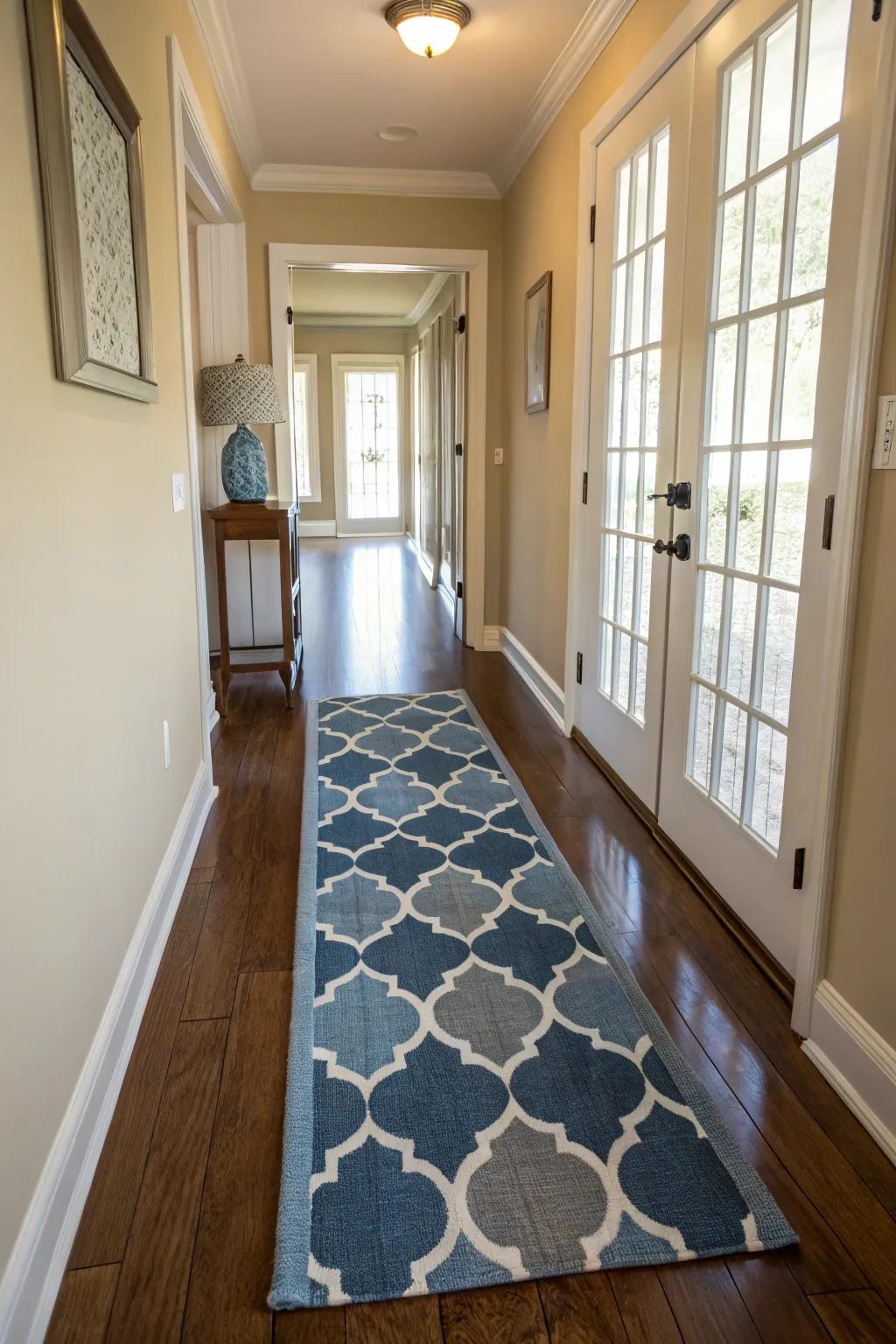 A runner floor covering provides warmth and a hint of vibrancy to the corridor.