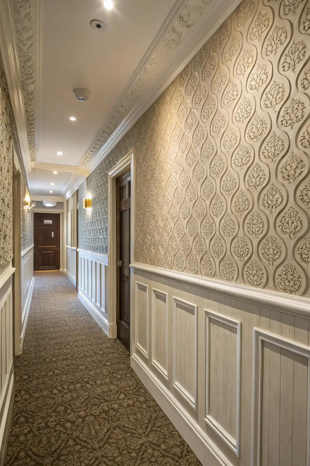 Textured walls enrich the hallway by adding dimension and class.