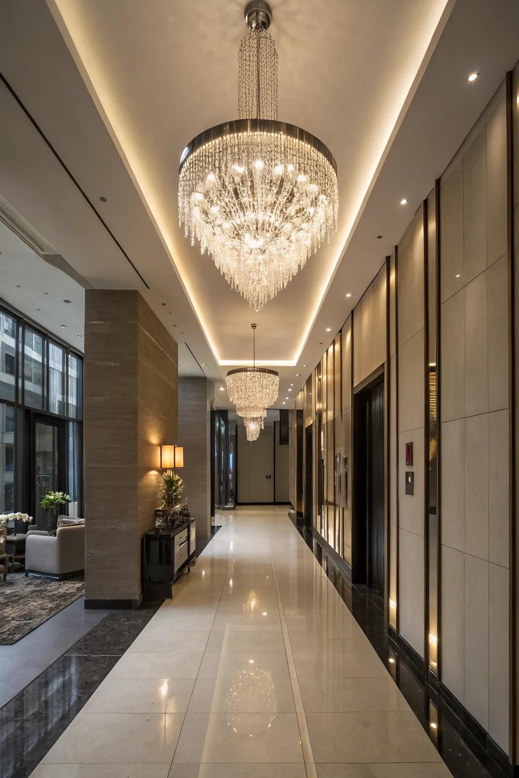 A striking chandelier introduces refinement and flair to any corridor.