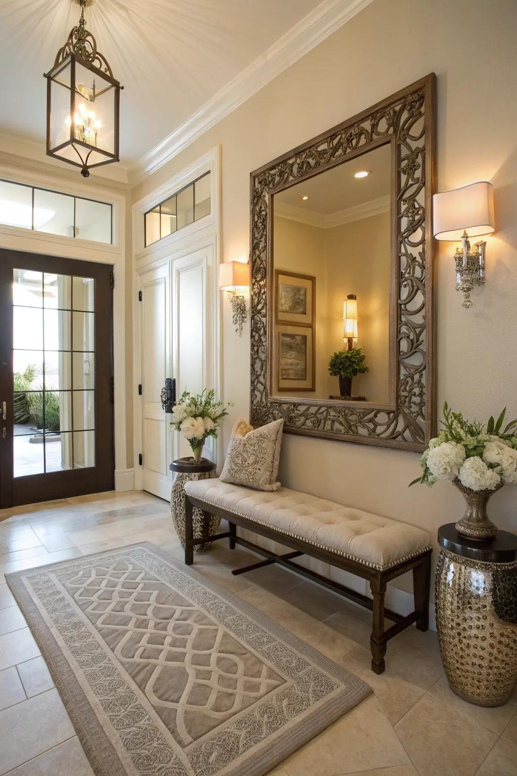 This hallway has a large ornamental mirror above the bench, which enhances the light and sense of space.