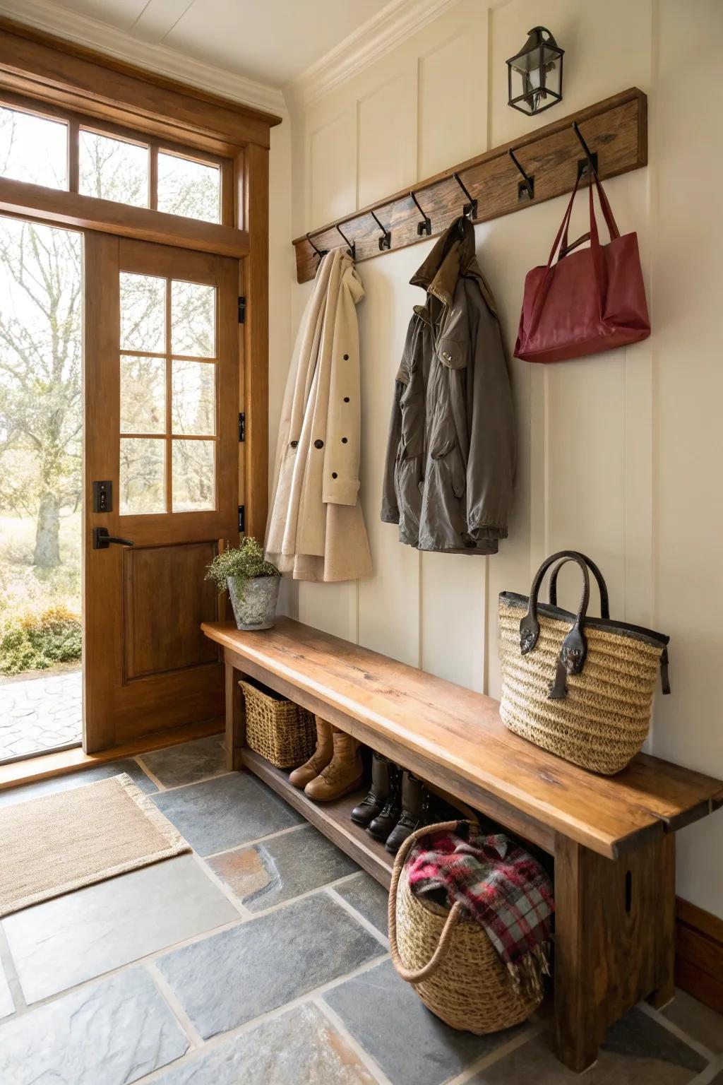 This bench has hooks above it, which provides a practical space to store coats and bags.