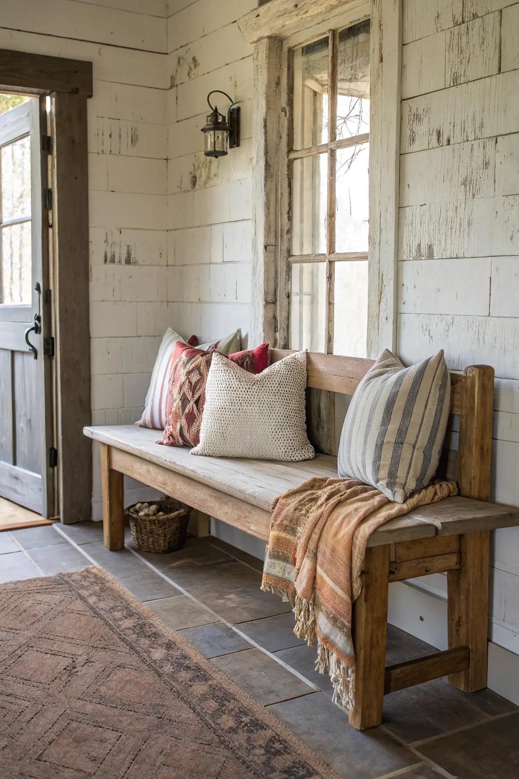 This inviting hallway has a rustic farmhouse-style bench, which brings plenty of charm to the area.
