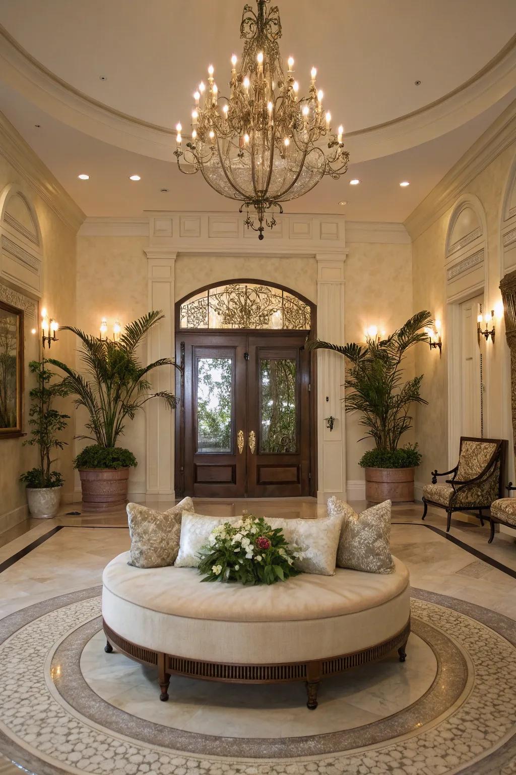 This spacious hallway has a circular bench, which acts as a stunning centerpiece.