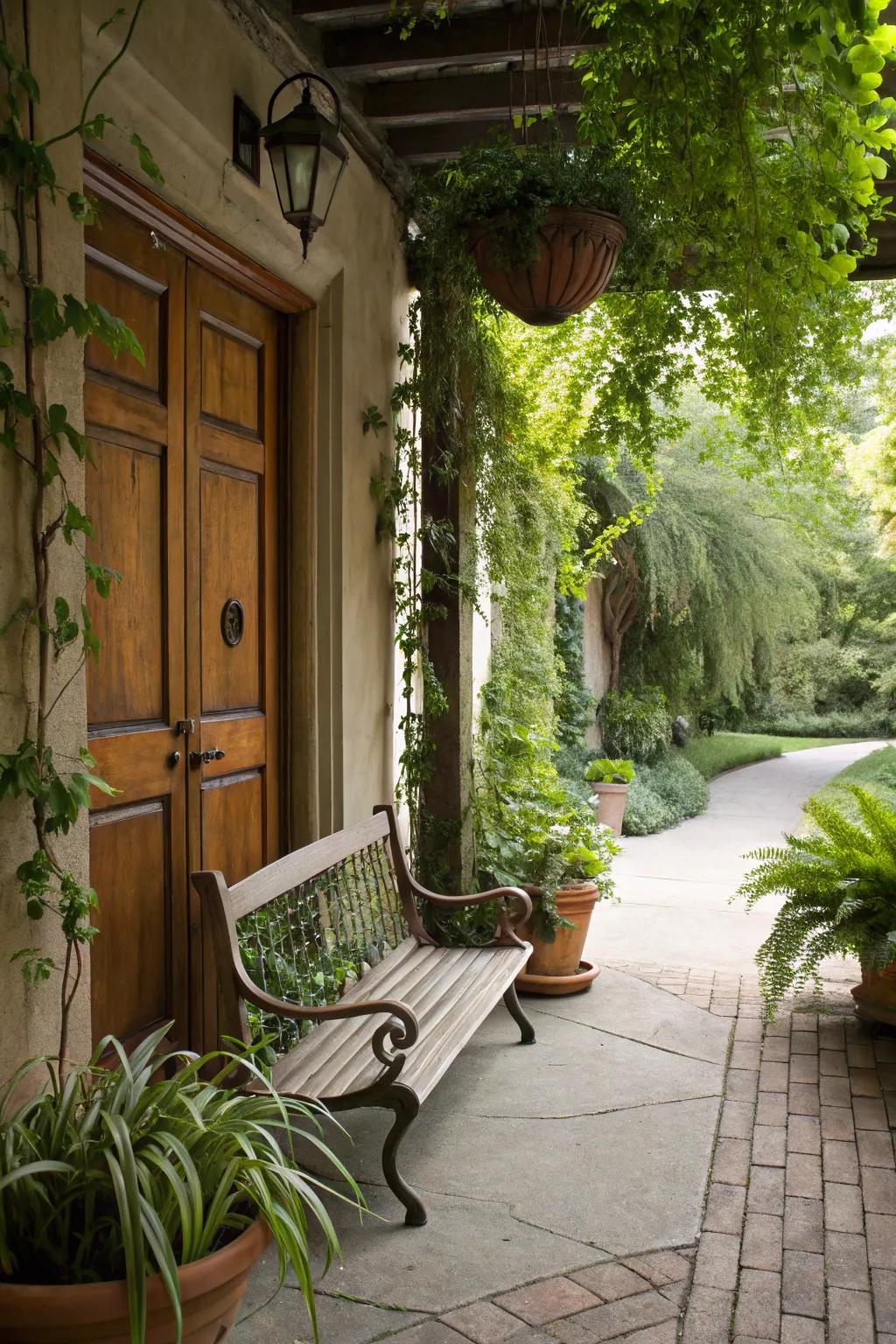 This hallway bench has potted plants and hanging vines, which really bring the area to life.