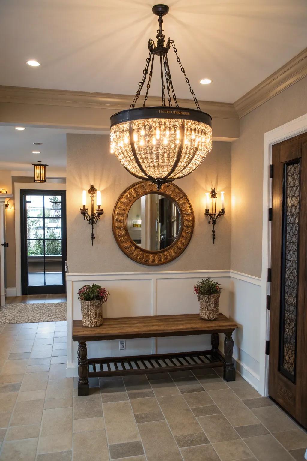 This hallway bench has a striking lighting fixture, which brings an element of elegance.