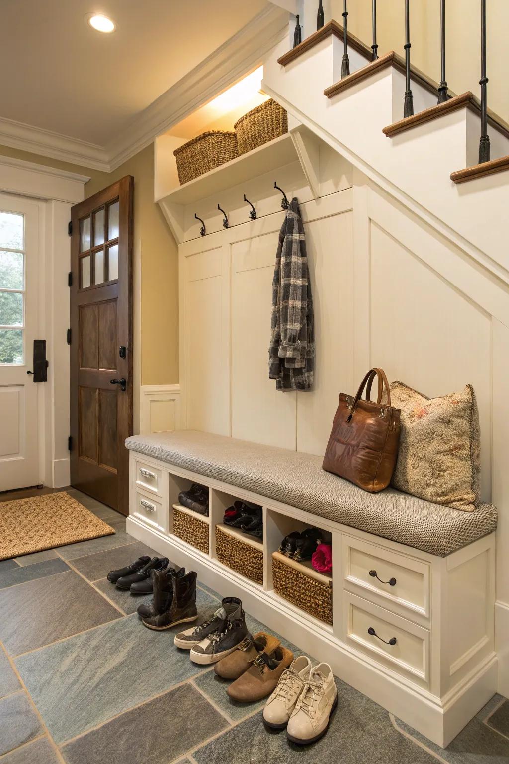 An elegant hallway bench with concealed storage compartments, which is ideal for organizing shoes.