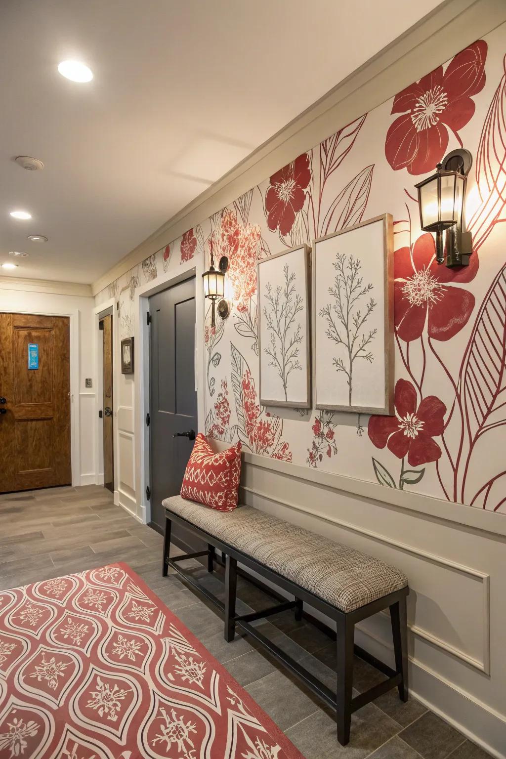 This hallway has an artistic wallpaper backdrop, which adds depth and intrigue to the space.