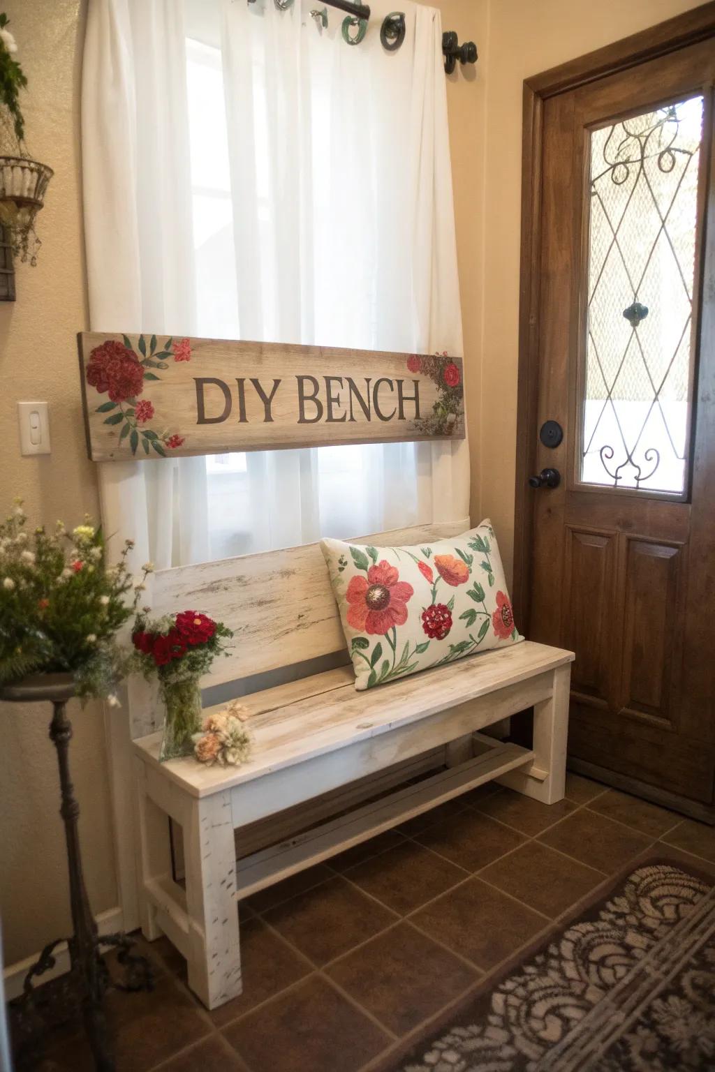 This unique hallway has a personalized DIY bench, which helps to add a personal touch to the space.