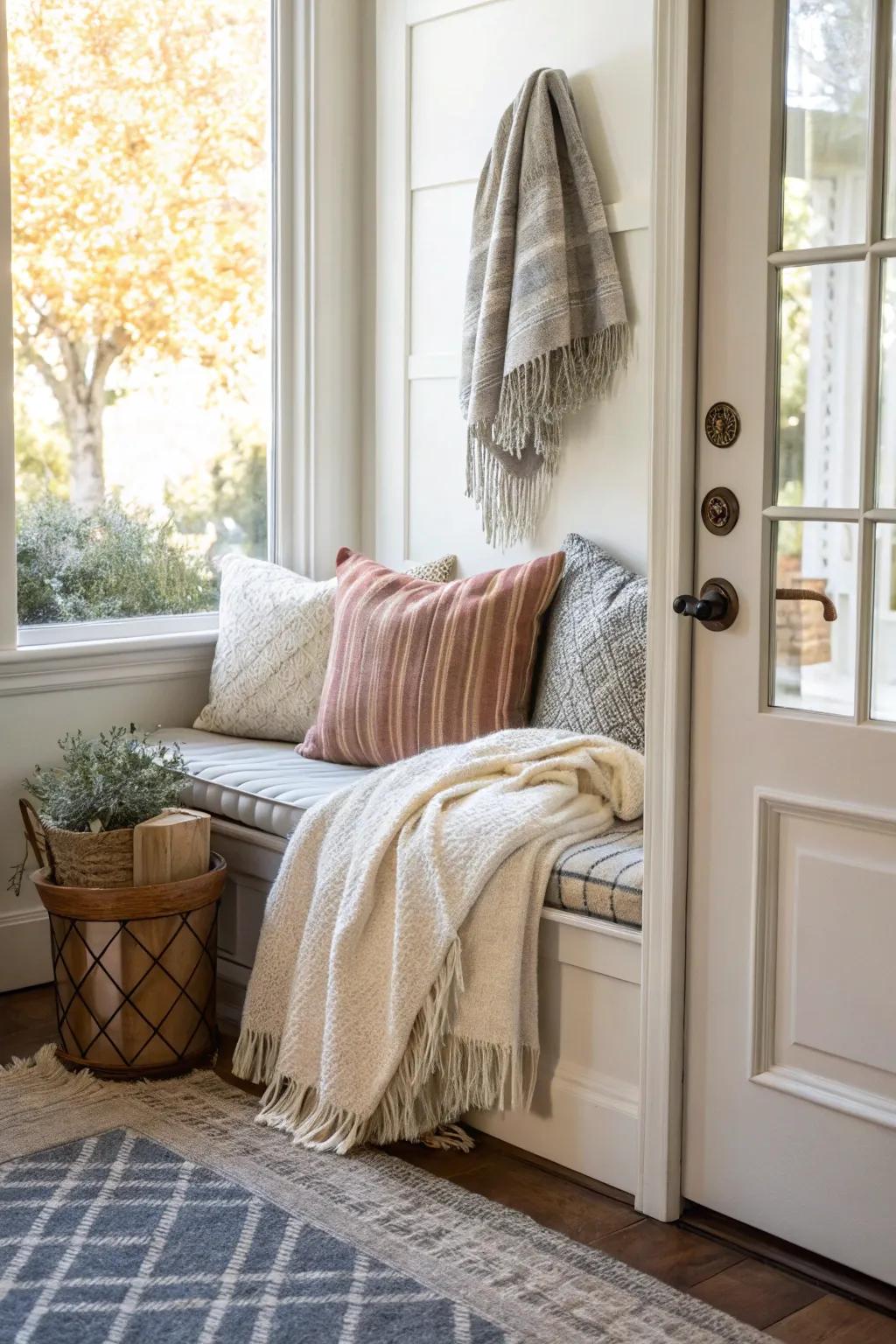 This inviting hallway bench has some soft throws, which brings warmth and texture to the area.