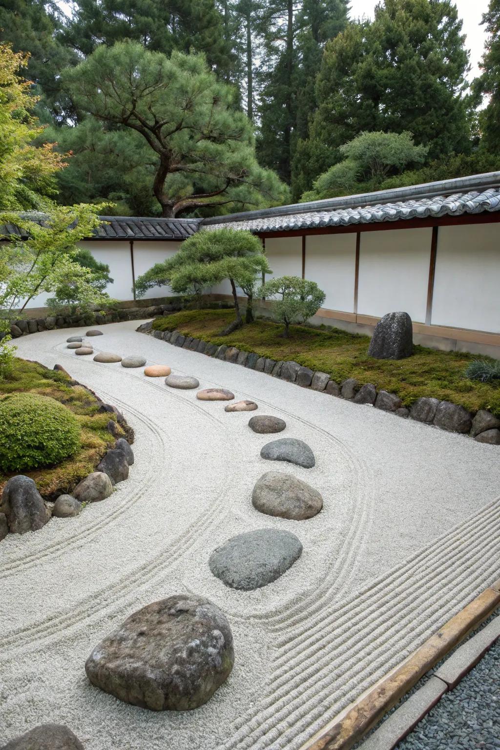 A minimalistic Zen stone garden featuring structured rocks and raked gravel.