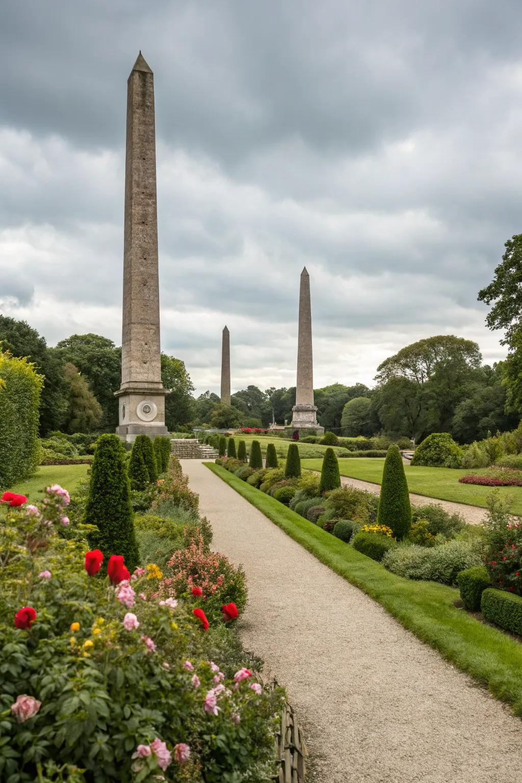Tall stone obelisks serving as striking features in a garden.