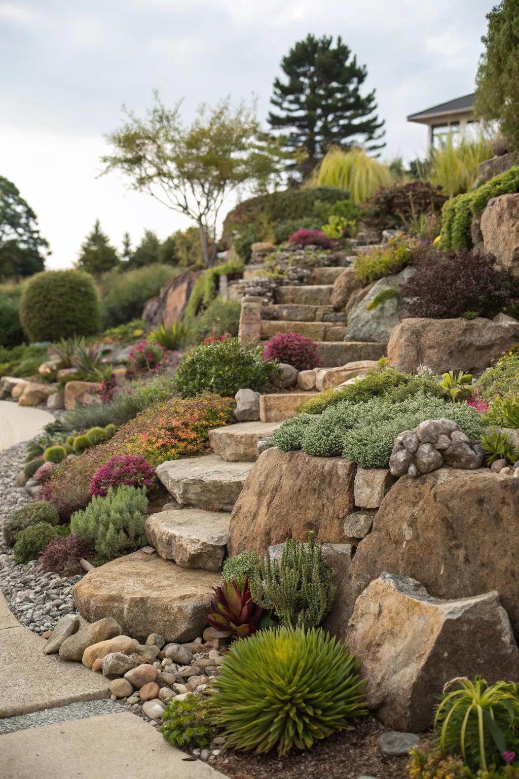 A multi-layered stone garden showcasing an array of plants and textures.