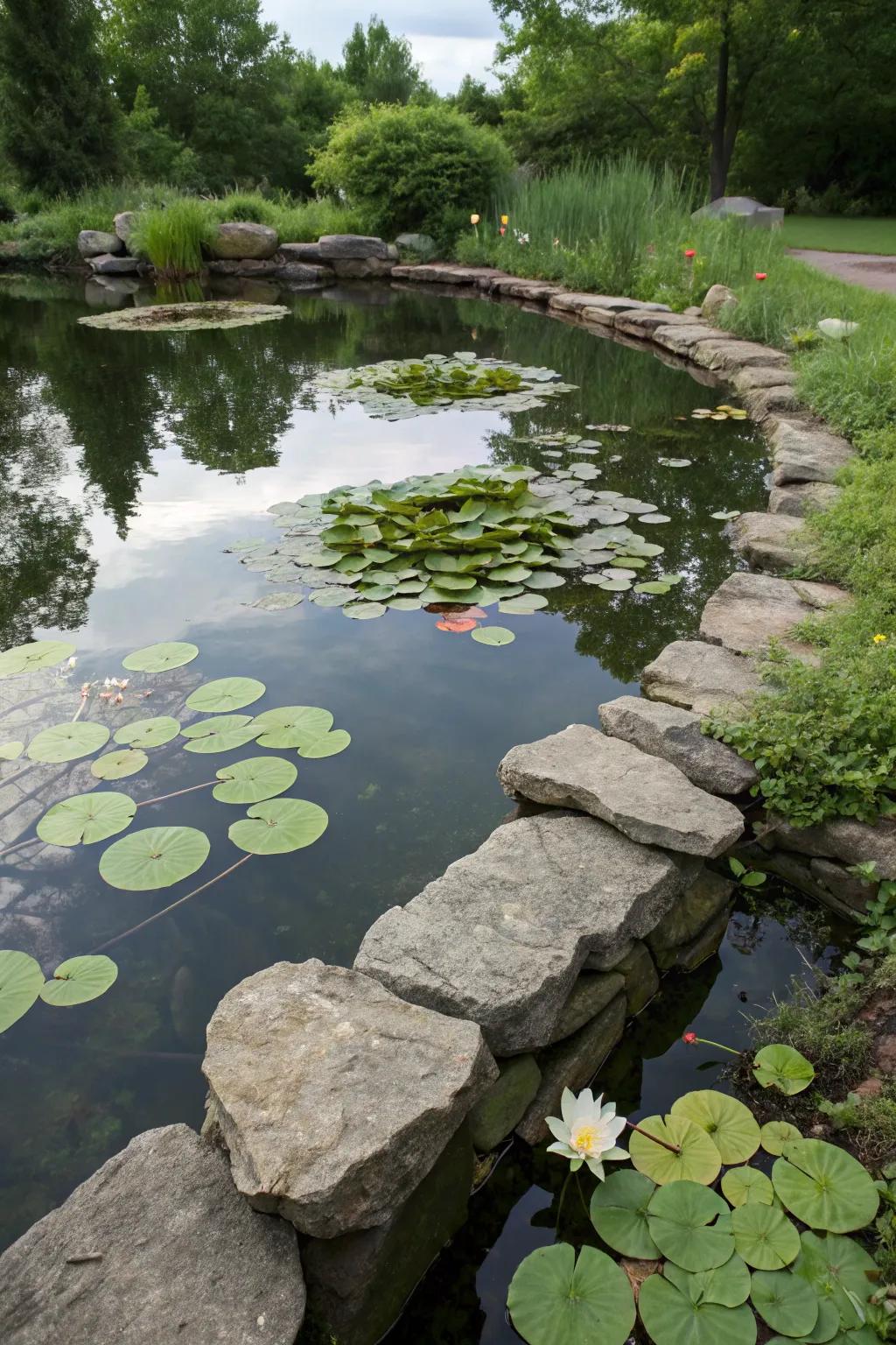 A peaceful, rock-edged pond adorned with lily pads and delicate ripples.