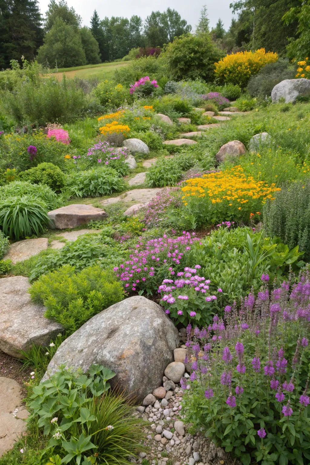 A harmonious blend of herbs and flowers nestled among garden stones.