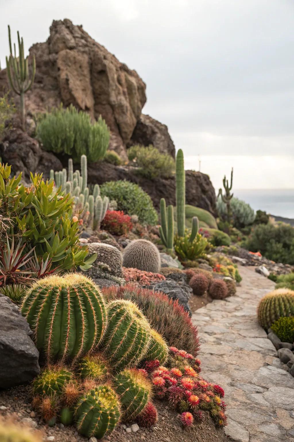 A lively succulent and cactus display showcased against a stone backdrop.
