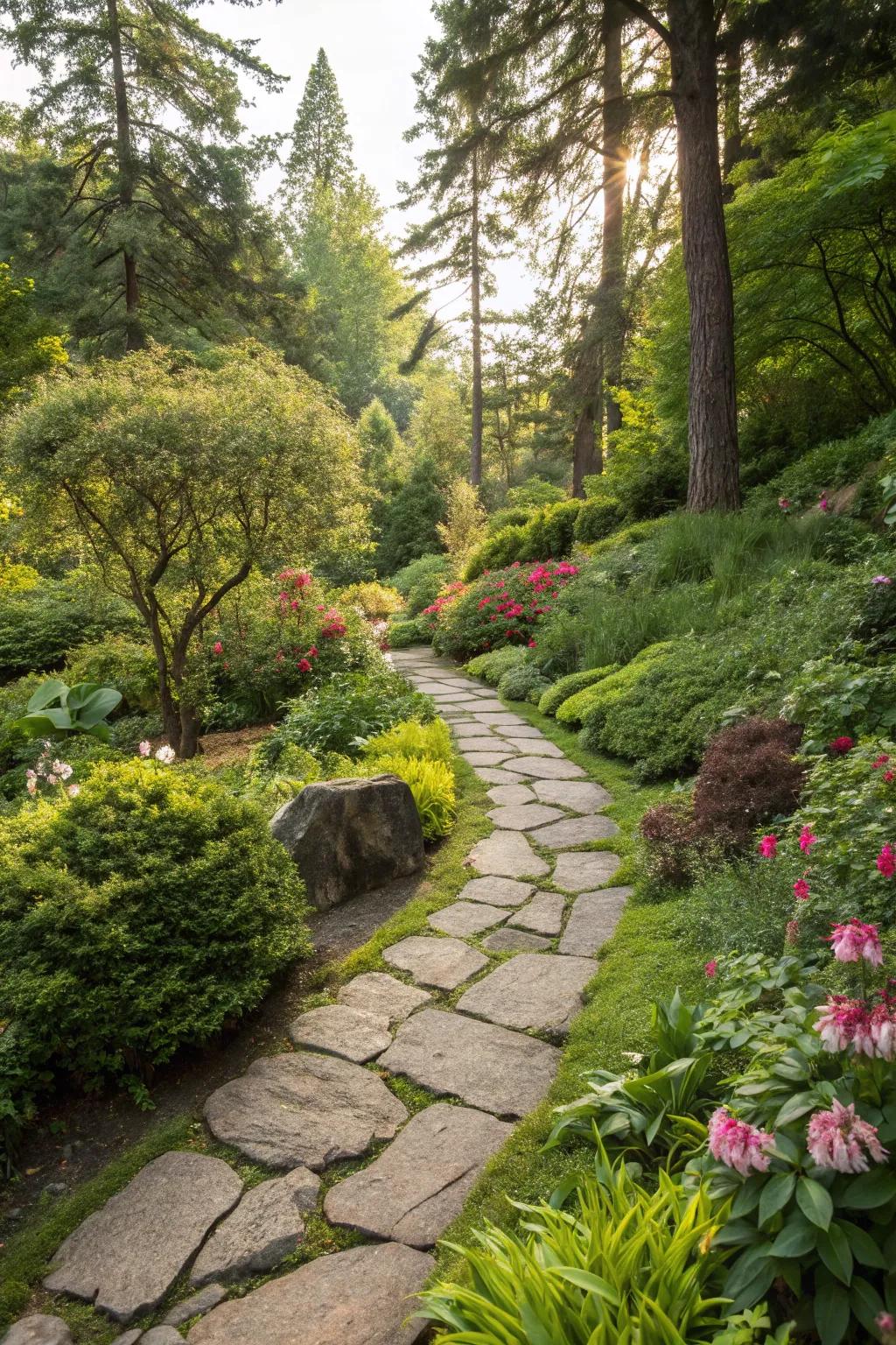 A twisting stone walkway winding through a vibrant, welcoming garden.