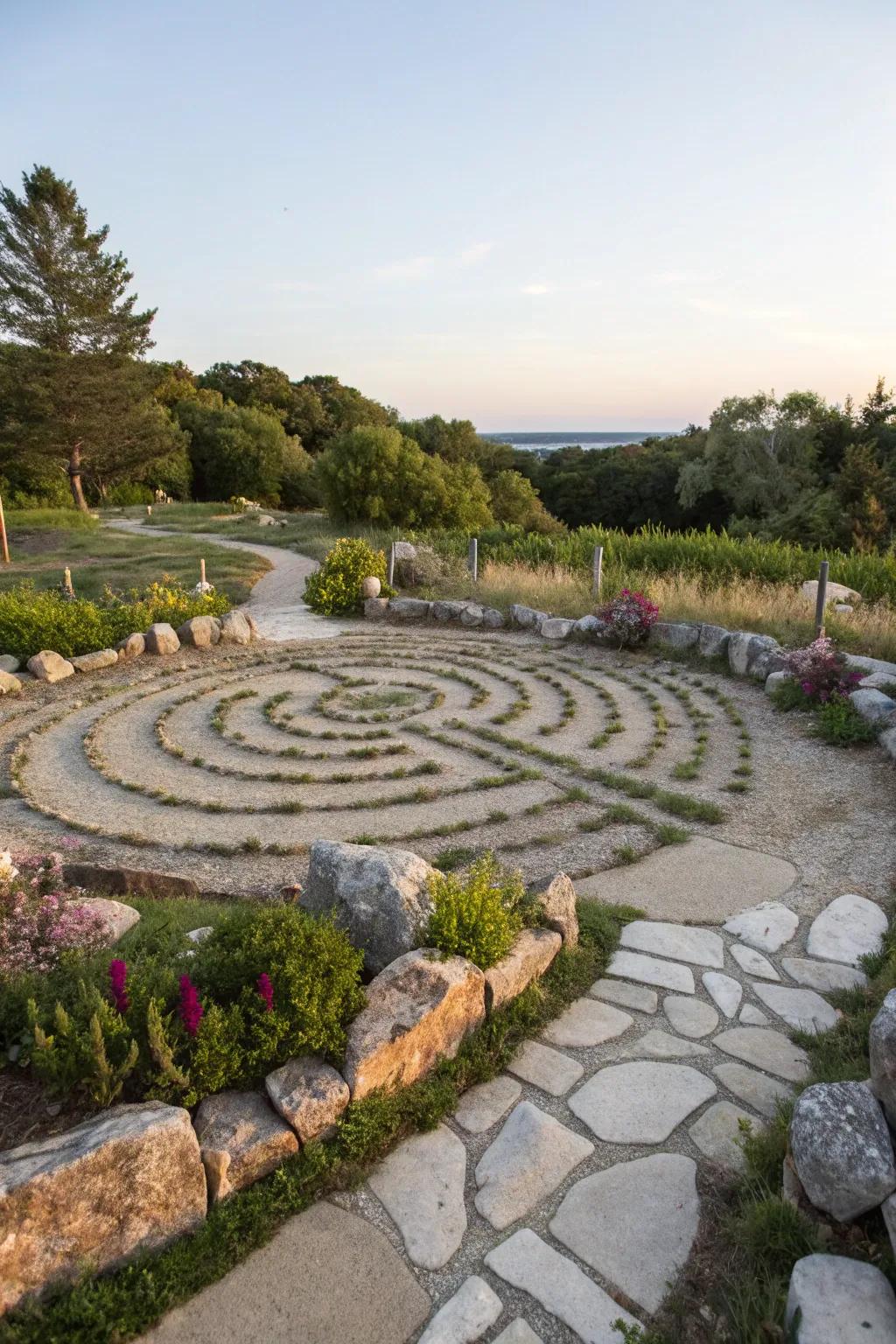 An intricate stone maze offering a peaceful garden escape.