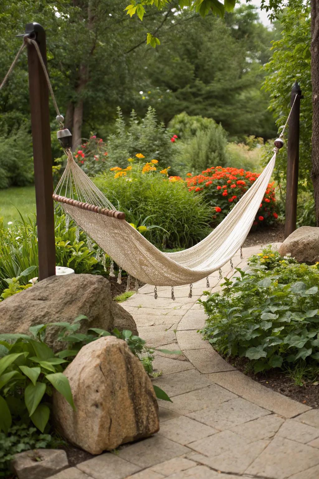 A cozy lounger supported by sturdy stone anchors in a garden.