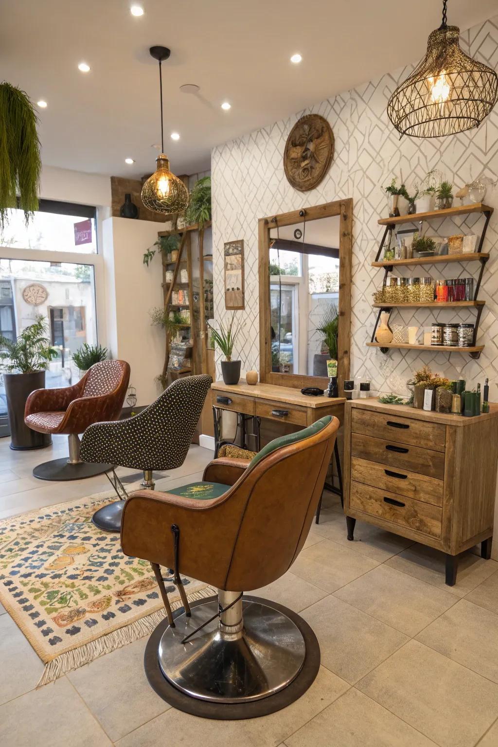 Reclaimed furnishings add charm and personality to your salon.