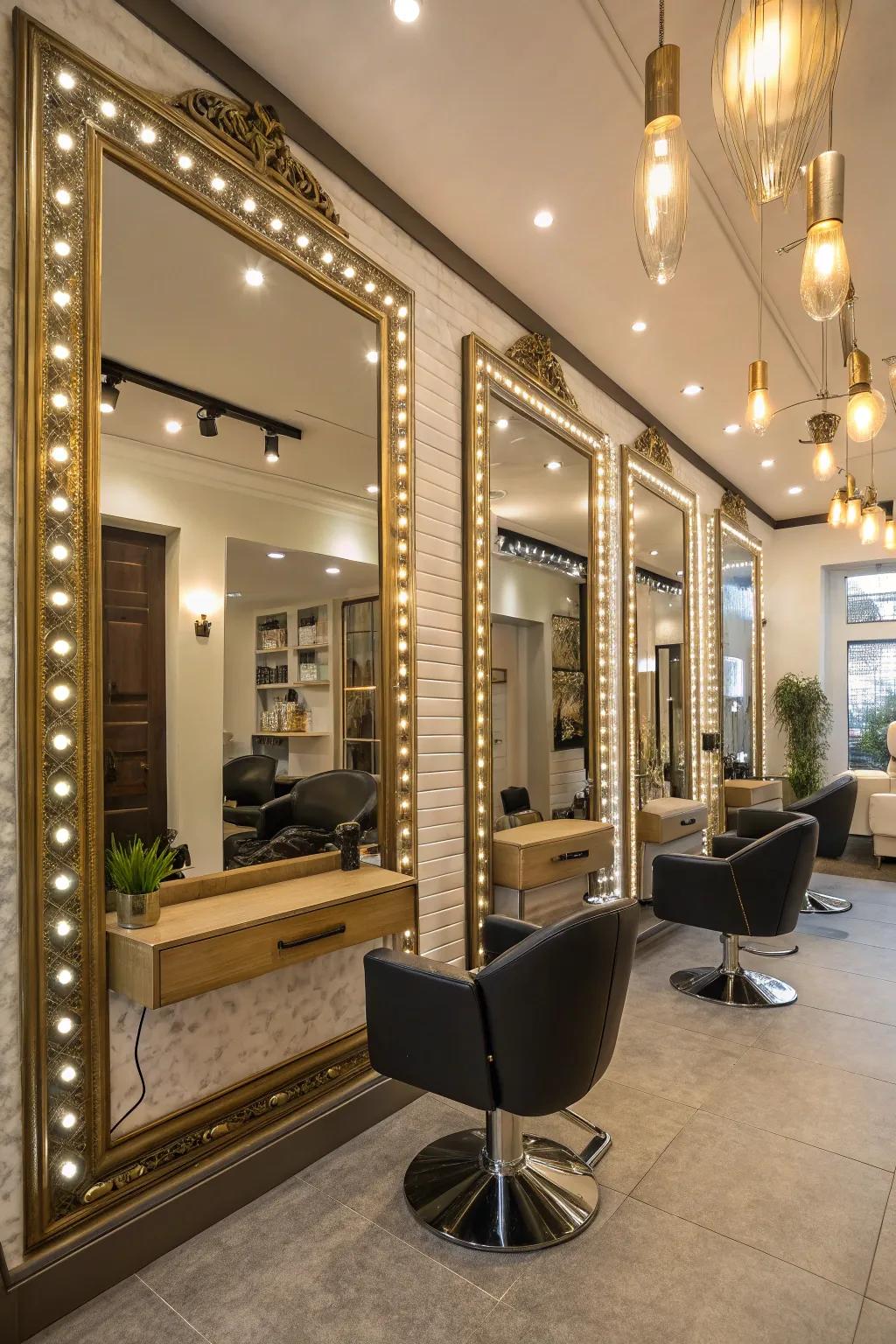 Mirrors and lighting synergize to foster a spacious ambiance.