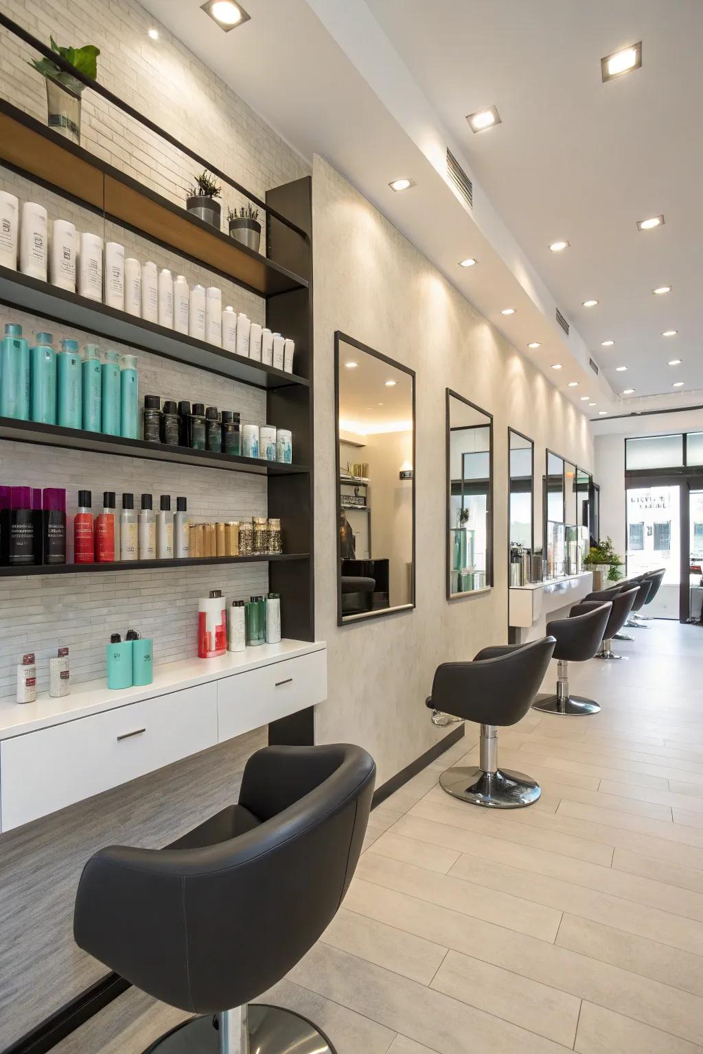 Wall-mounted shelving maximizes space and showcases items.