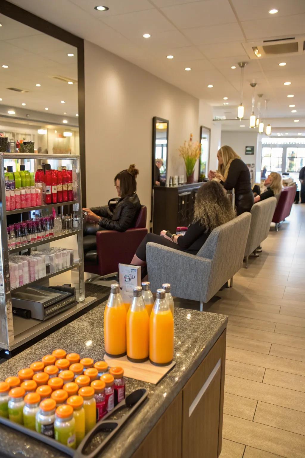 A refreshment station adds a luxurious touch to your salon.