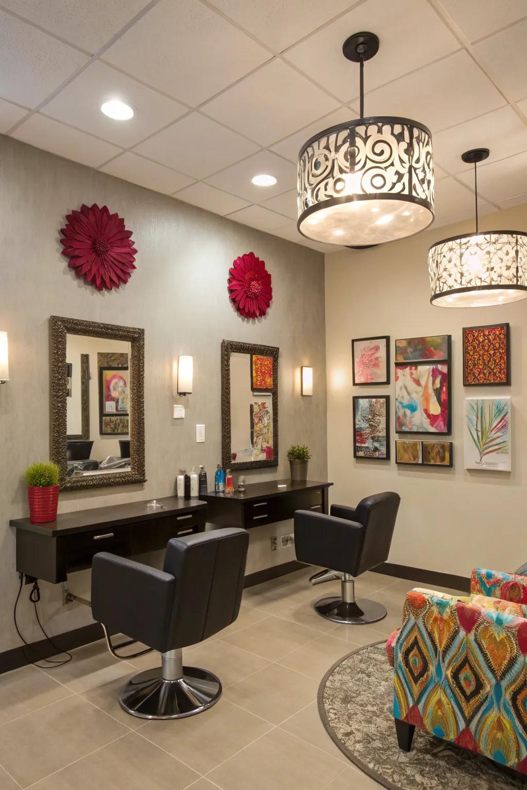 Neutral tones complemented by striking accents create an elegant aesthetic.