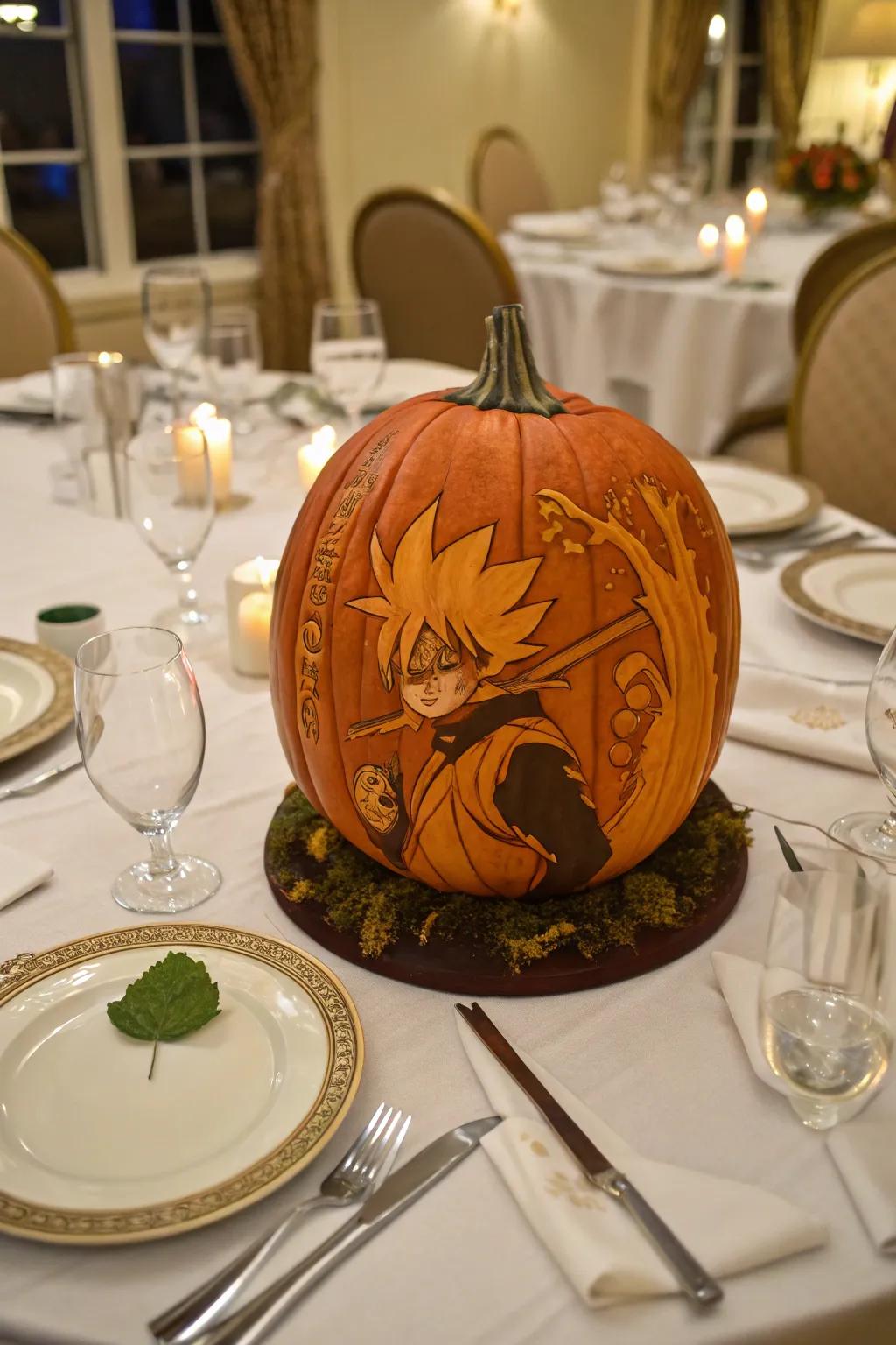 Anime adventure scenes carved into gourds telling a story.