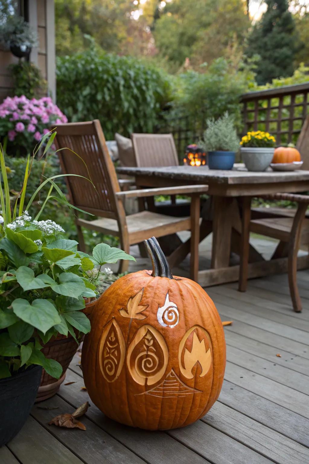 Mystical anime symbols carved into gourds for an enchanting vibe.