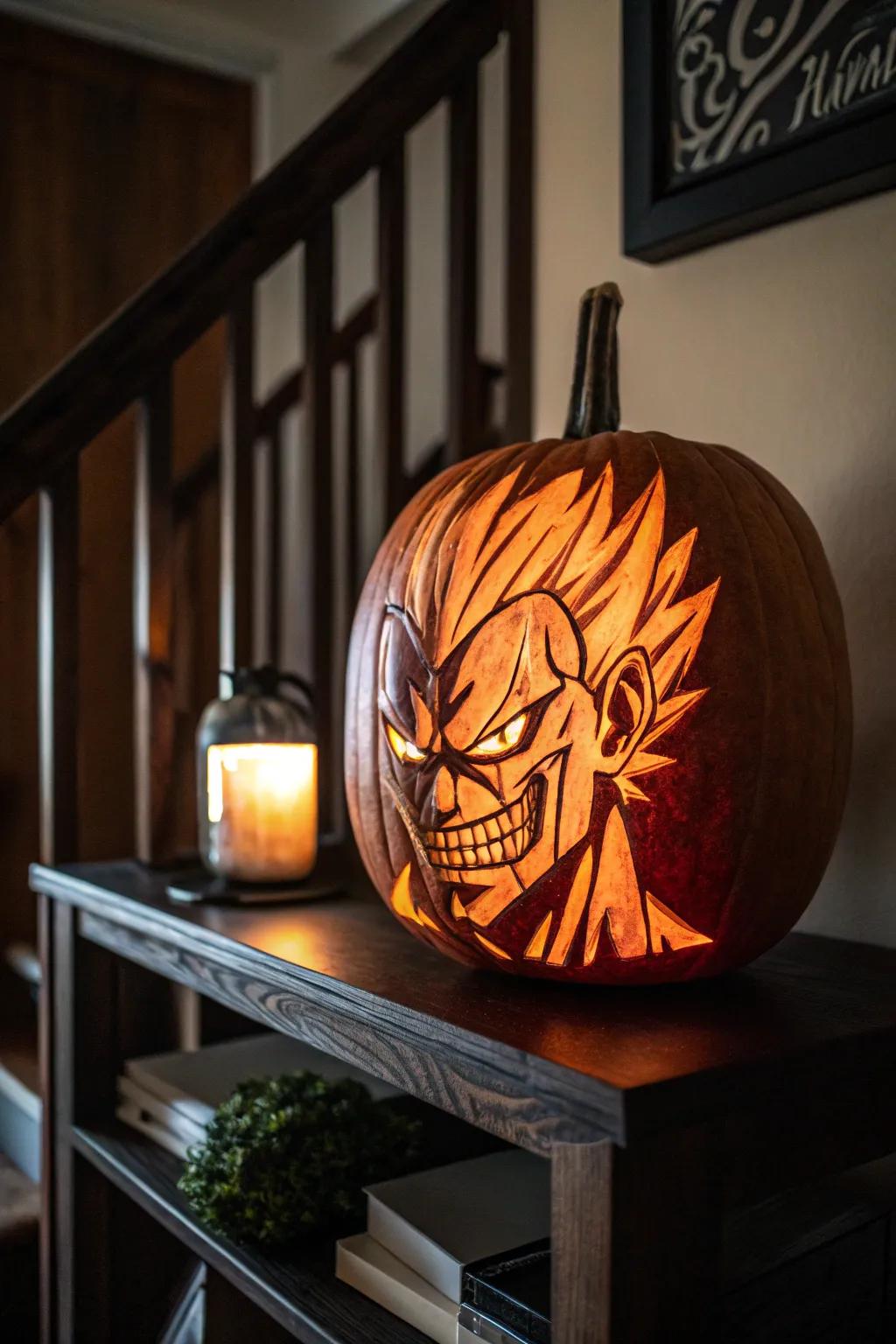 Gourd carvings honoring anime antagonists with a mischievous twist.