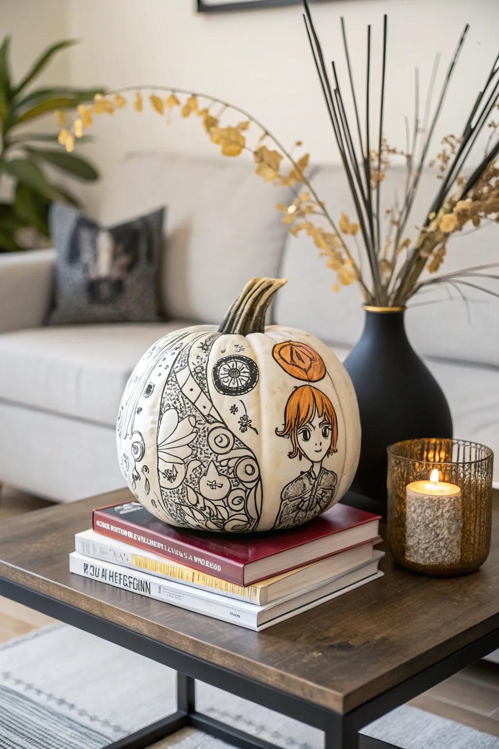 Detailed anime-inspired textures carved on gourds.