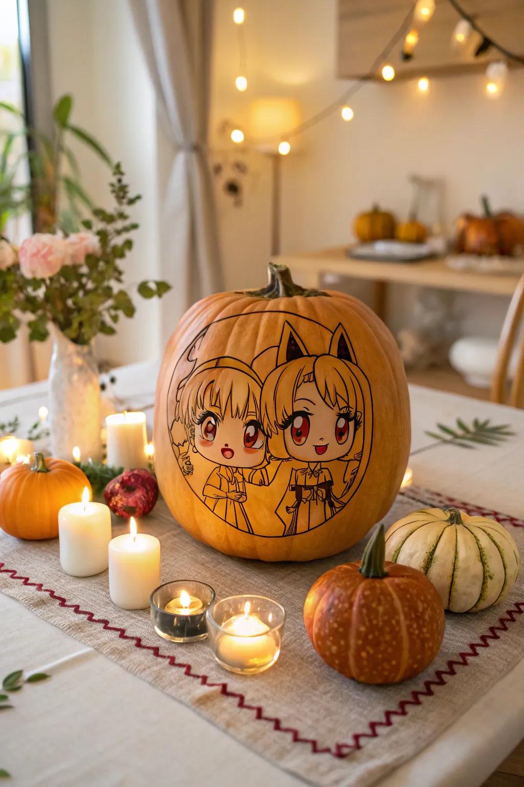 Miniature anime character carvings on gourds adding playful charm.