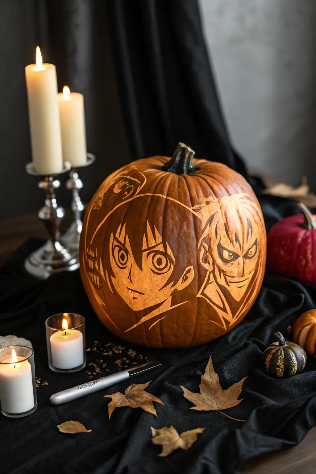 Anime character visage masks carved on gourds for a unique twist.