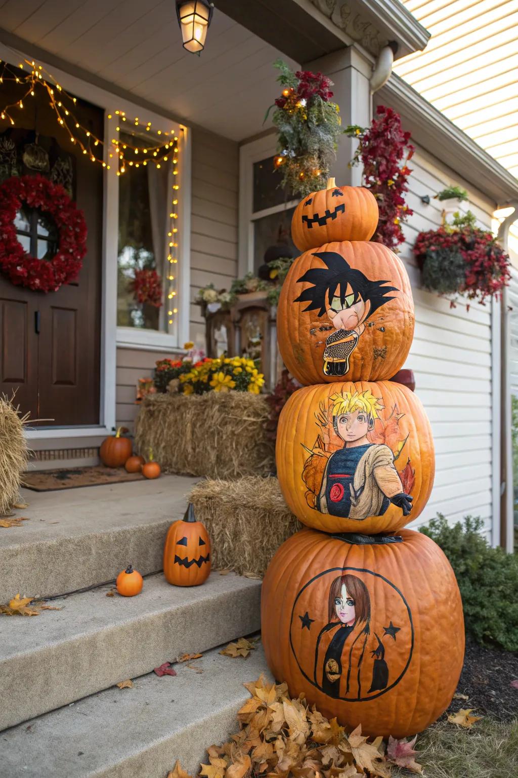 Layered gourds featuring various anime themes for a dynamic display.