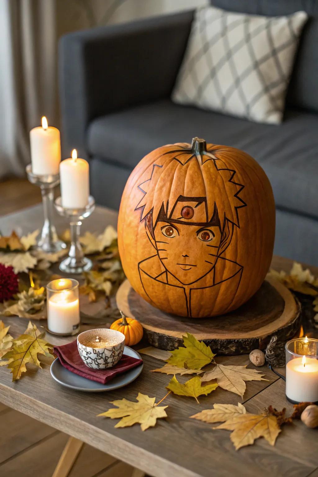 Detailed gourd carvings of iconic anime characters.