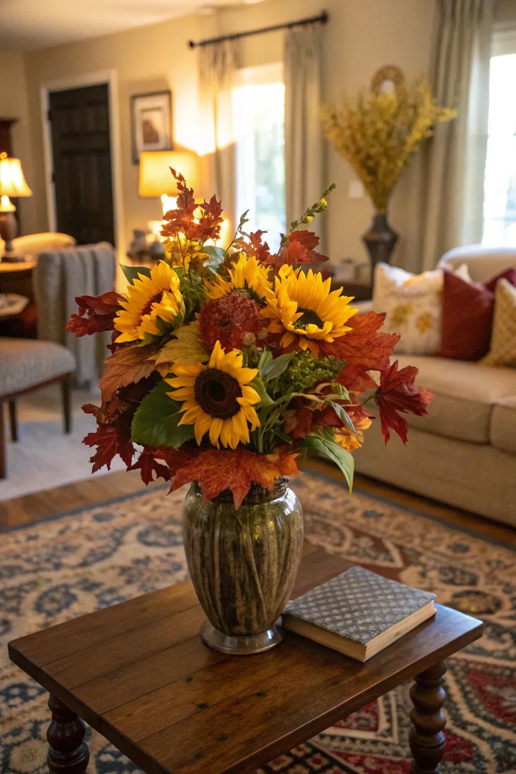 A periodic display featuring sun blooms and autumnal foliage.