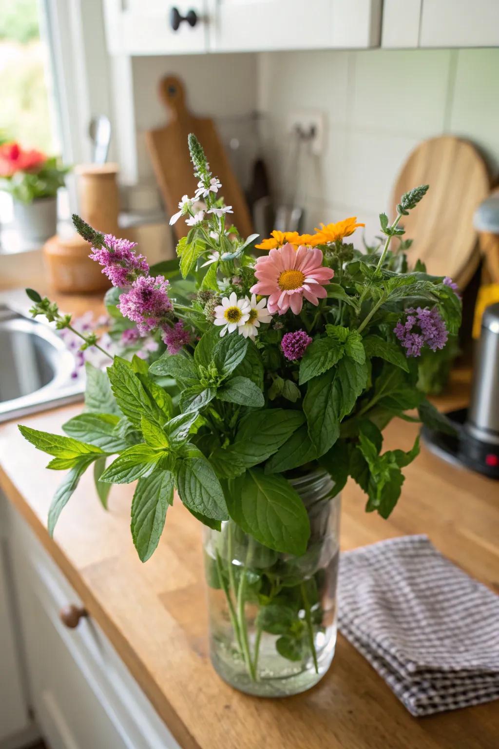 A fragrant and edible floral arrangement within the cooking area.