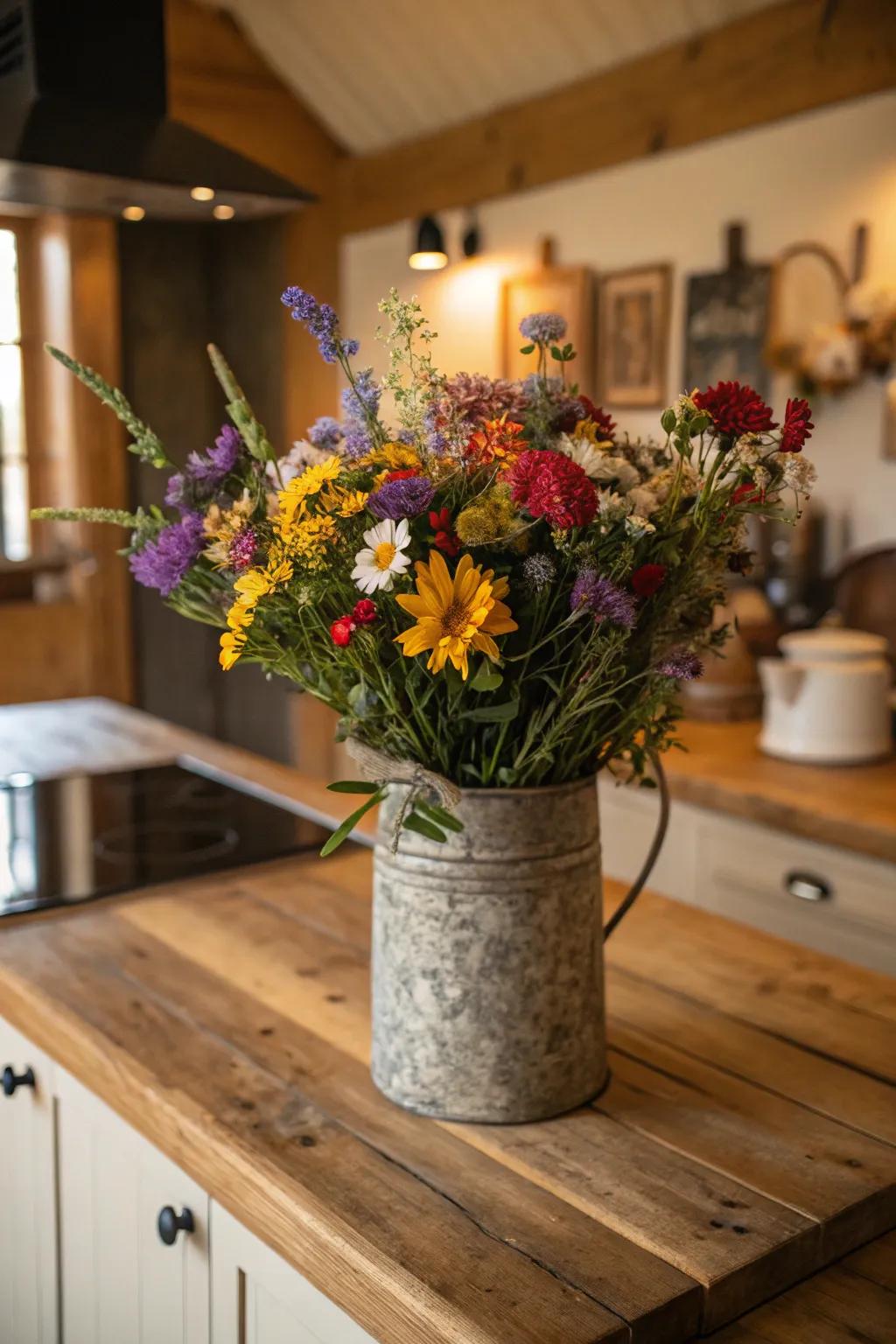 A countryside metallic vessel showcasing a vibrant selection of meadow blooms.