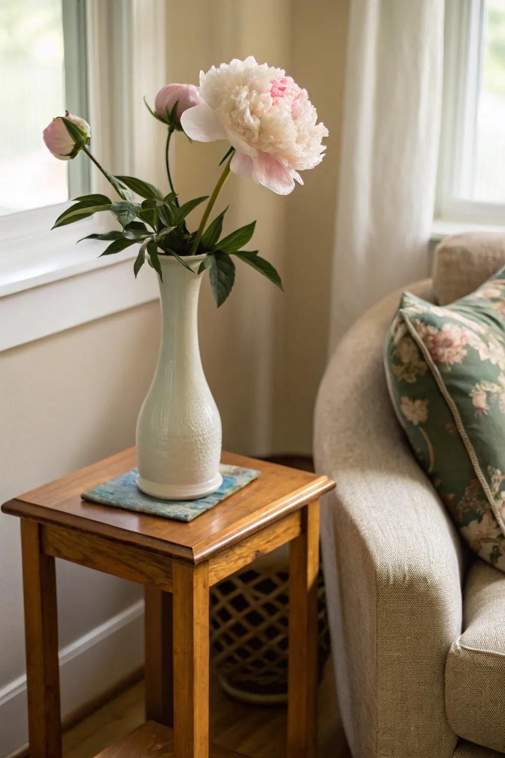 A minimalist display featuring a solitary shrub rose in a slender vessel.