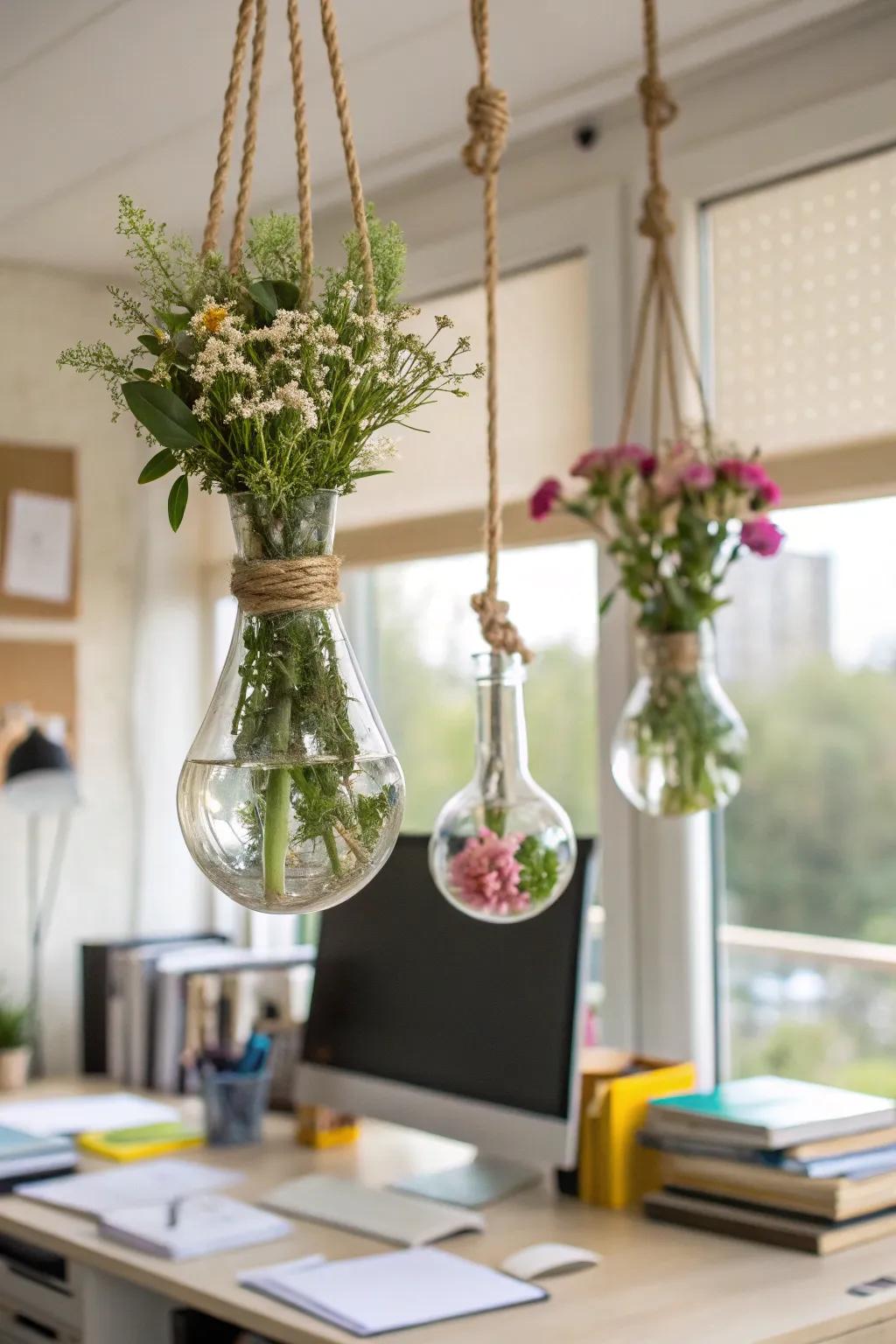 Suspended vessels fashioning a vertical verdant effect within a study.