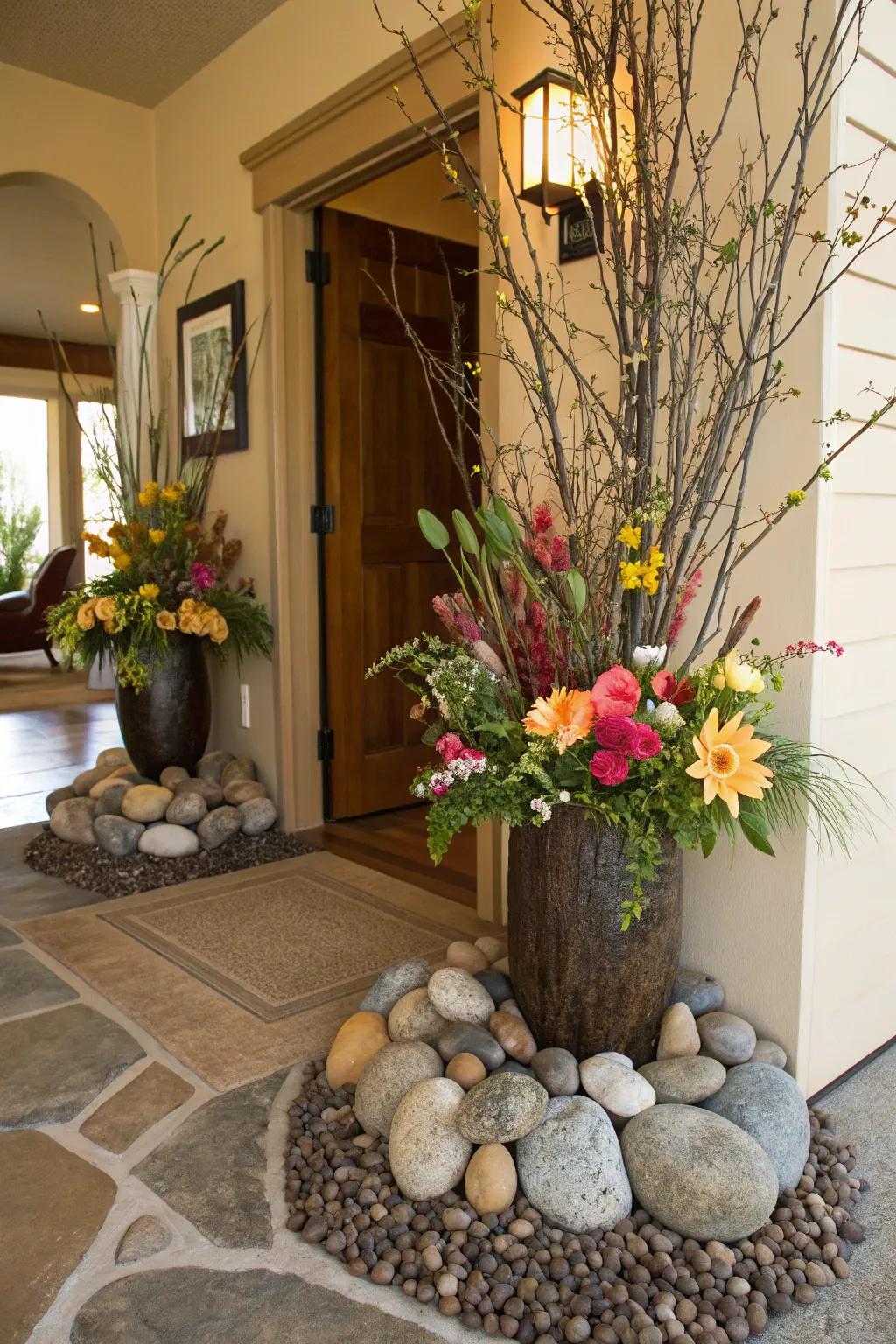 An artistic arrangement amalgamating blossoms with pebbles and branches.
