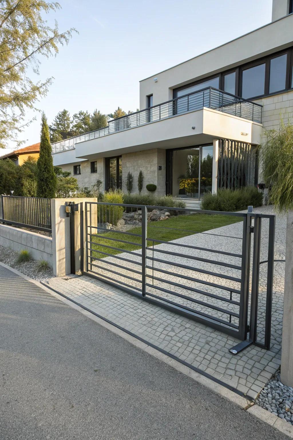 A simple metal gate creates an uncluttered and secure entry.
