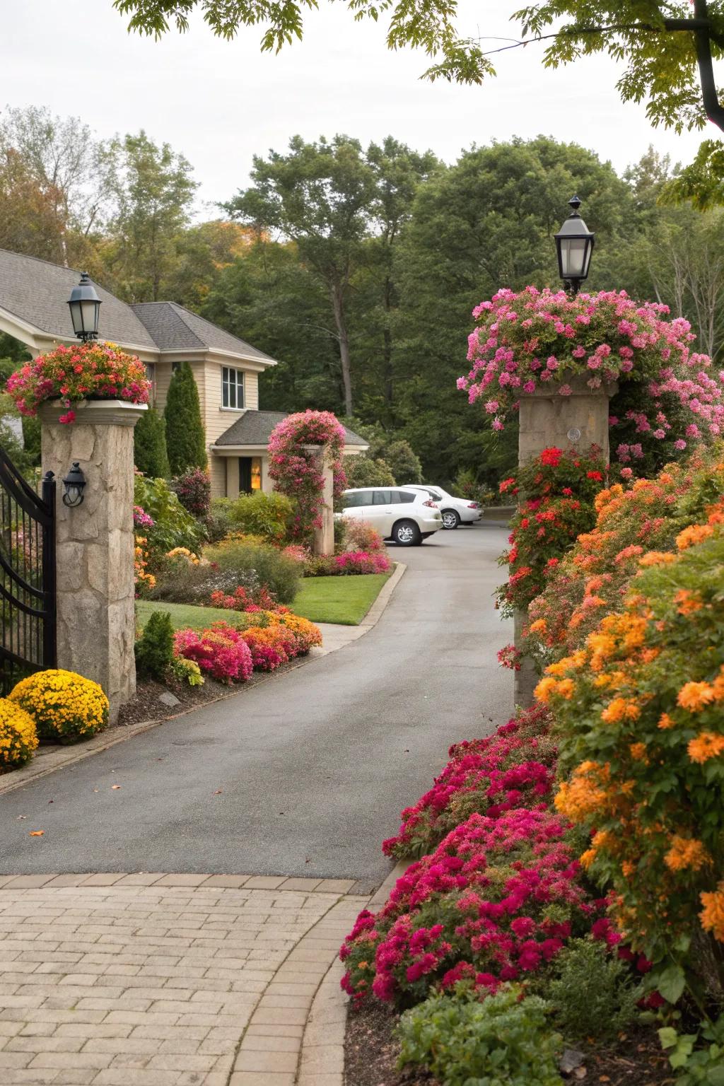 Seasonal flora adds vibrant hue and life to this driveway entry.