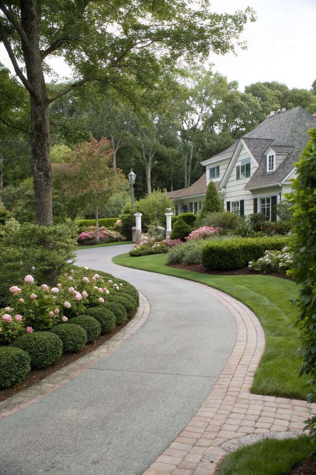 A winding path brings allure and guides the approach to the home.