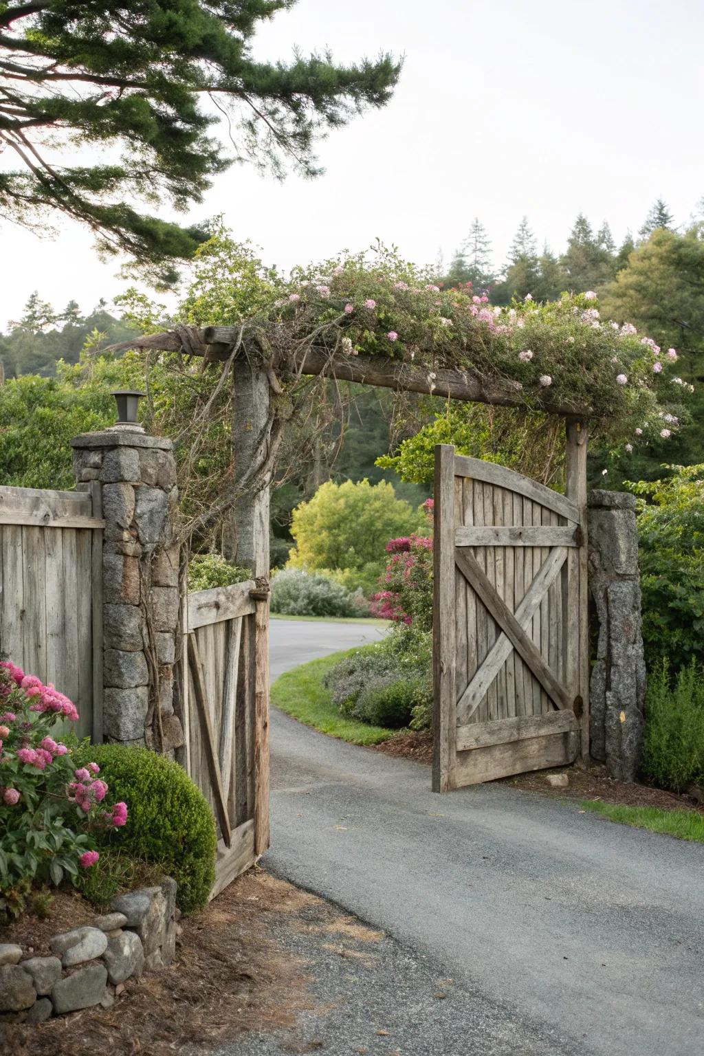 A natural timber gate gives warmth and solitude at this entrance.